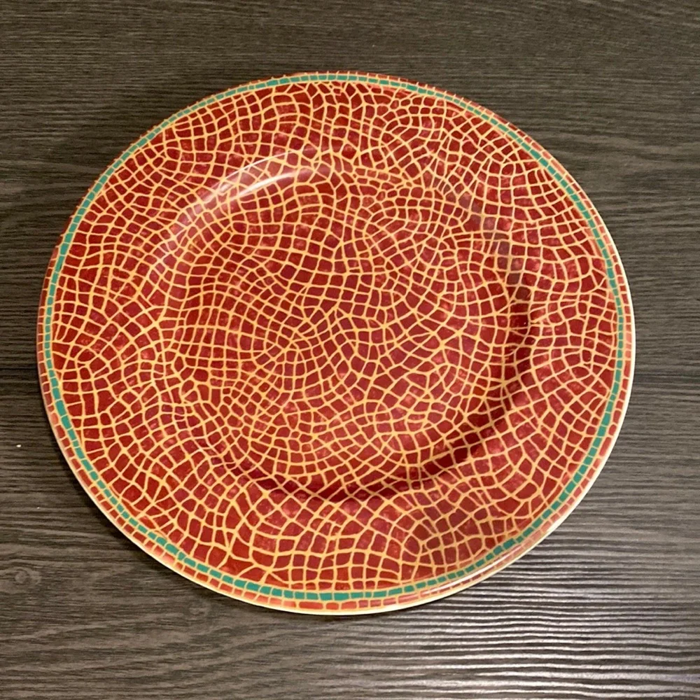 Pier 1 Mosaic Fruit large plate. Red with gold, green trim. 12.25” diameter.